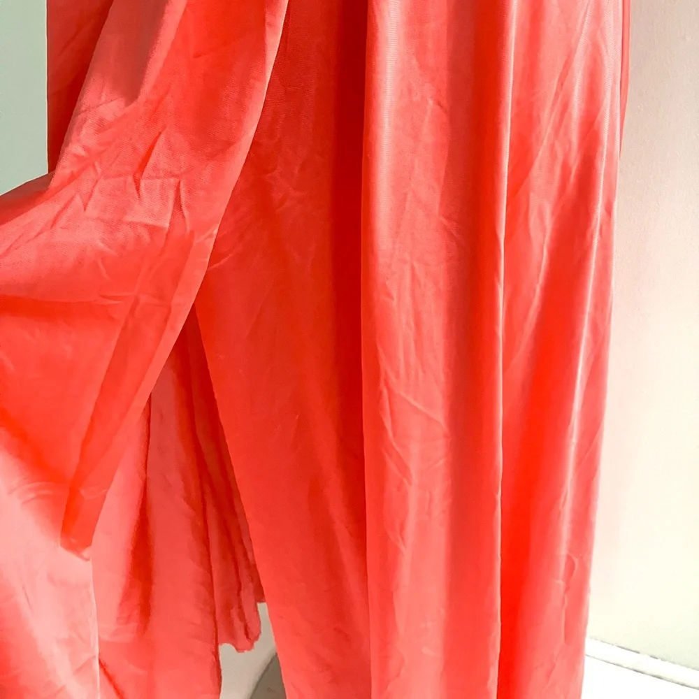 Vintage 70’s coral red orange lace flower slip gown dress & robe jacket set - Picture 9 of 16